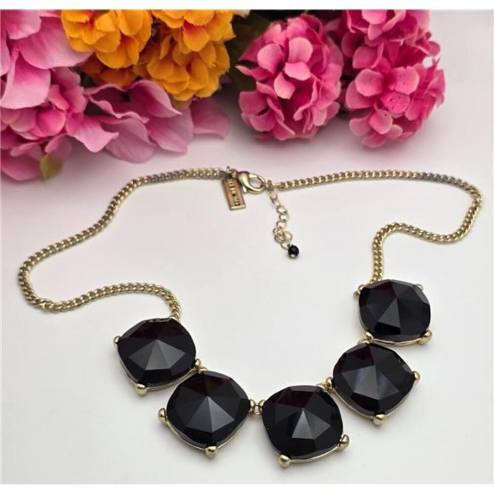 The Limited Gold Tone Black Faceted Acrylic Square Link Necklace 20" 24mm 5 Bead